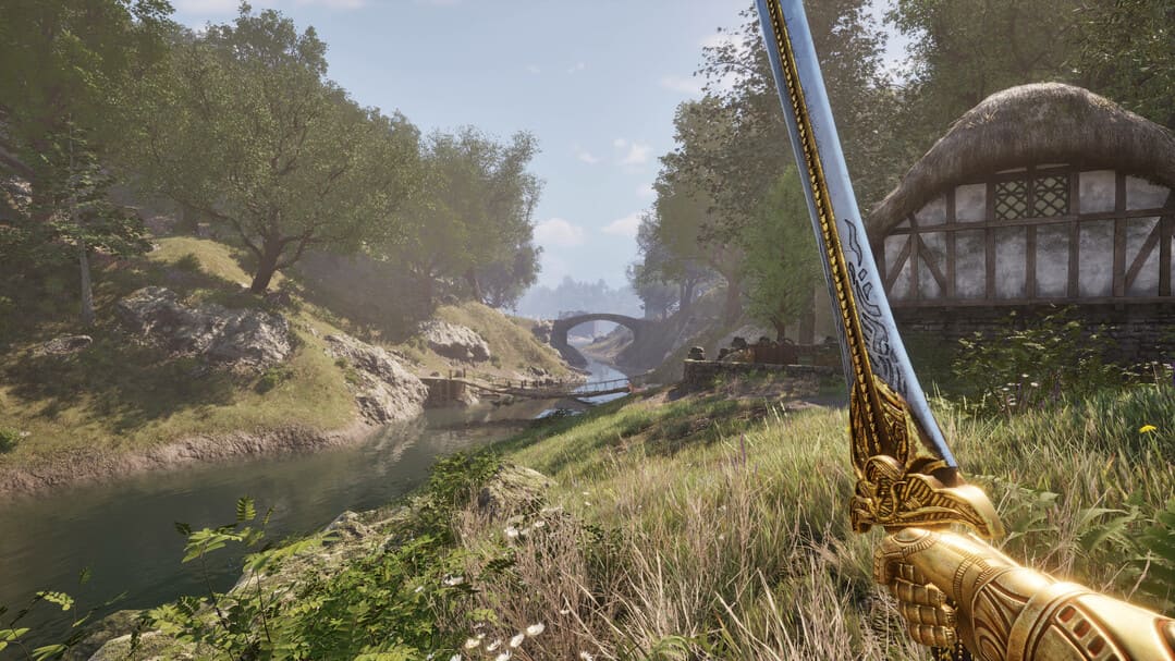 ゲームからのスクリーンショットThe Elder Scrolls IV：Oblivionは、森を振り回すヒーローと川を森の空き地に見せてリマスターされました