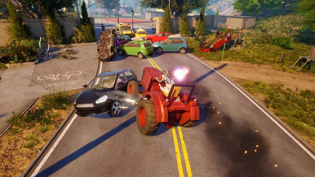 ゲームヤギシミュレーター3のスクリーンショットは、先に積み上げられた車の障害がある通りでトラクターを運転しているヤギを示しています