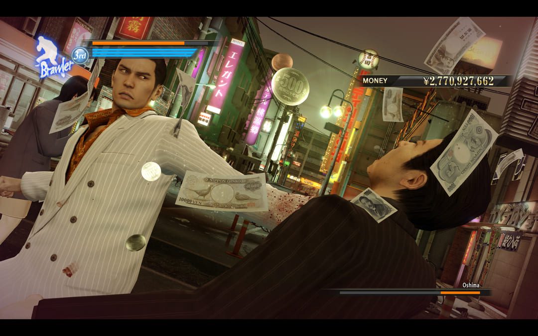 ゲームのスクリーンショットヤクザ0 2人のキャラクターとその周りに落ちるお金の間の乱闘を示す