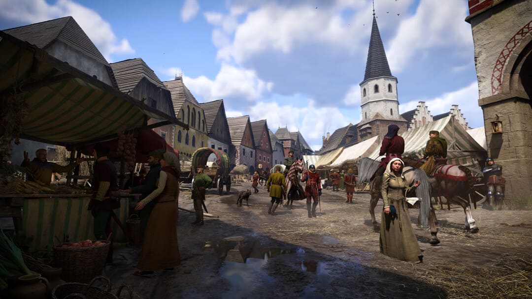 ゲームキングダムカムからのスクリーンショット：救出II市民と街路ベンダーが詰め込まれた中世の都市を示す