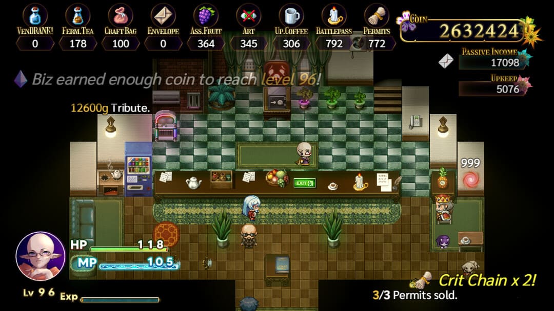 ゲームの最終利益からのスクリーンショット：ショップ、店主、一部の顧客を示すショップRPG