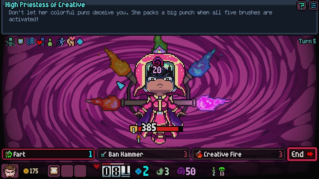 ゲームのスクリーンショットは、戦いでクリエイティブの大祭司と呼ばれるピクセルのアートキャラクターを示す業界を押しつぶす