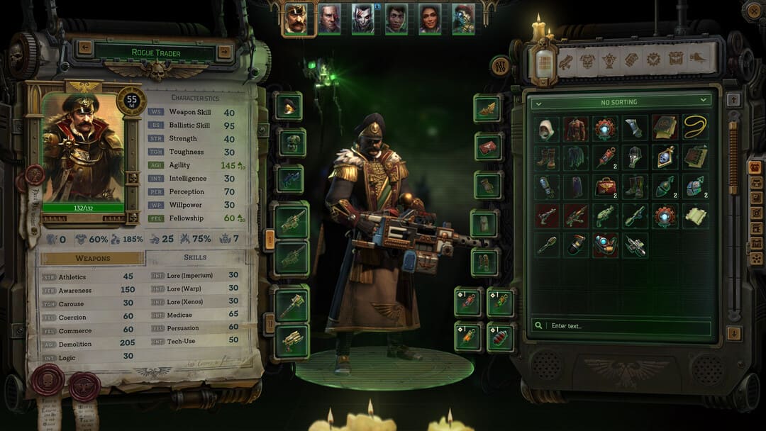 ゲームWarhammer 40,000のスクリーンショット：Rogue Traderは、Rogue Traderのキャラクターインベントリと統計を示すRogue Trader