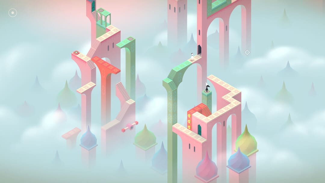 ぼんやりとした背景とMc EscherのようなArtchitecureを示すゲームモニュメントバレーのスクリーンショット