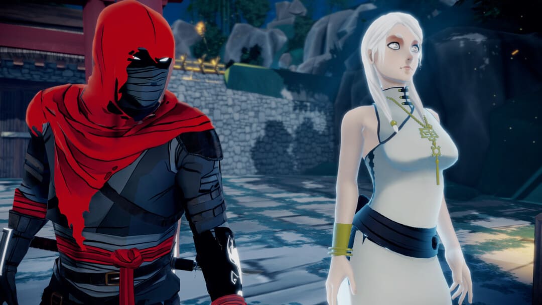 石の中庭で、男性と女性の2人のキャラクターを見せているゲームのスクリーンショット