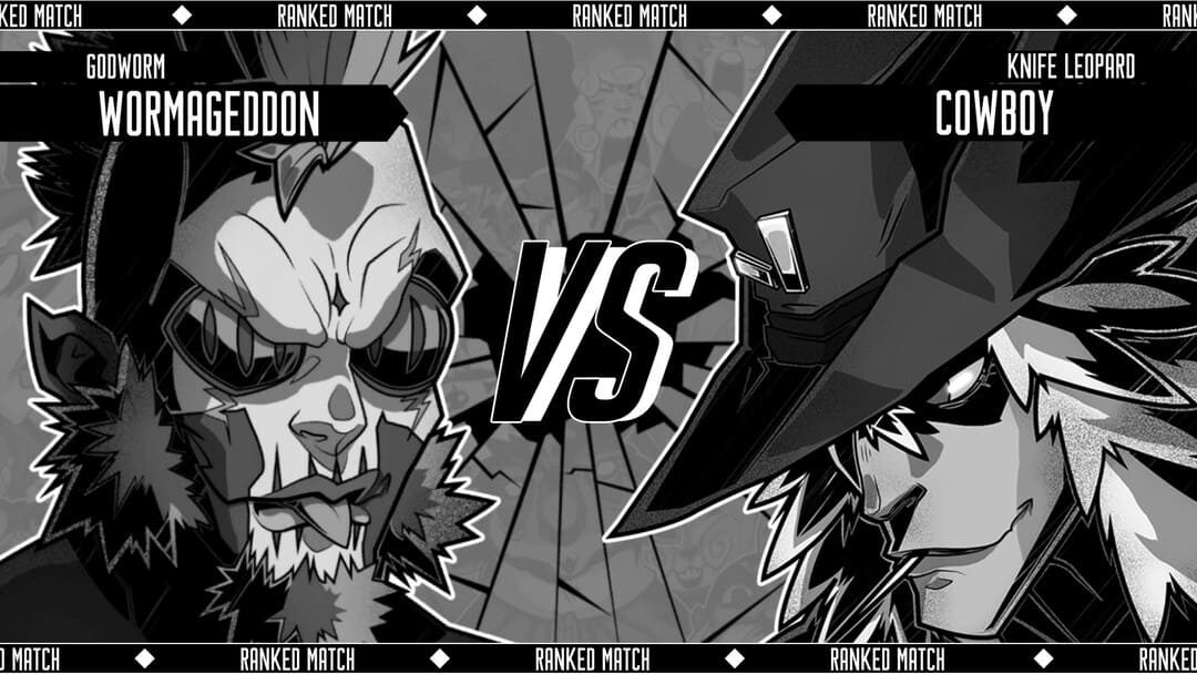 ゲームのスクリーンショットWolfStrideから、お互いに戦おうとしている2人のヒーローの手描きのキャラクターイラストを示すスクリーンショット