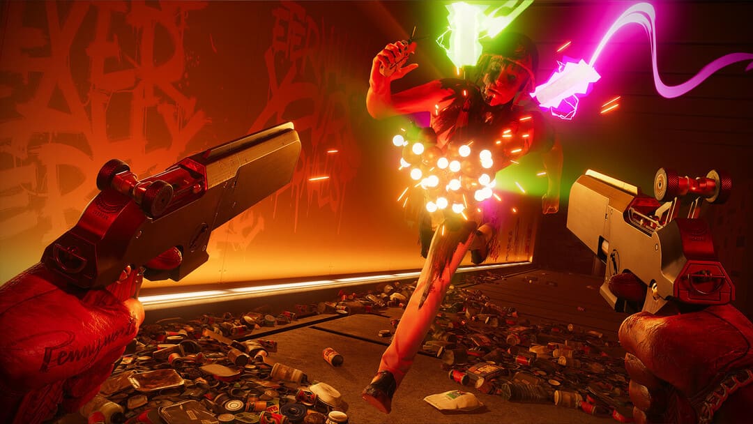 ゲームのデスループのスクリーンショットは、彼に向かって走っている光で覆われたヘルメットで男に発射する2つのピストルを二重に振り回す男を示す