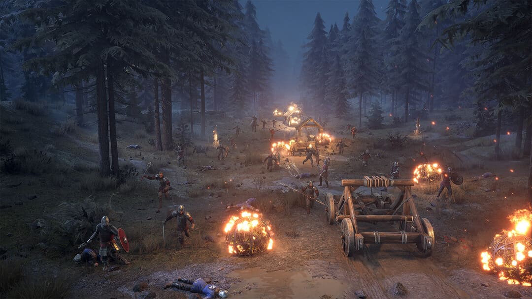ゲームチャイバリー2のスクリーンショットは、薄めと砲撃の燃えるボールとの夜間の森の中世の戦いを示しています