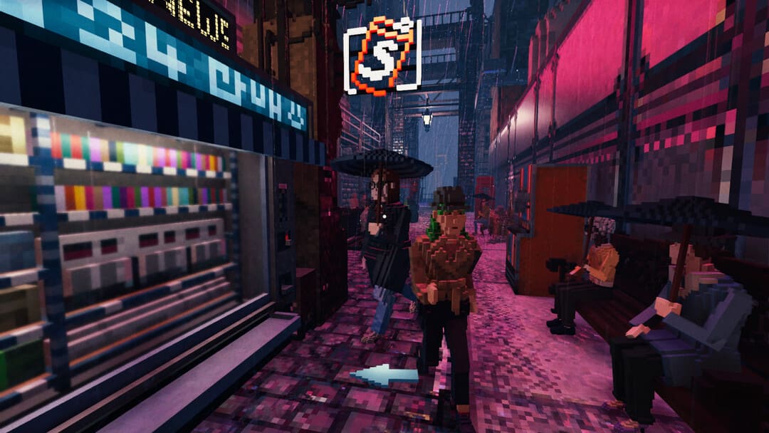 ゲームからのスクリーンショットは、夜間にボクセルベースの雨の街を示す疑いの影です。