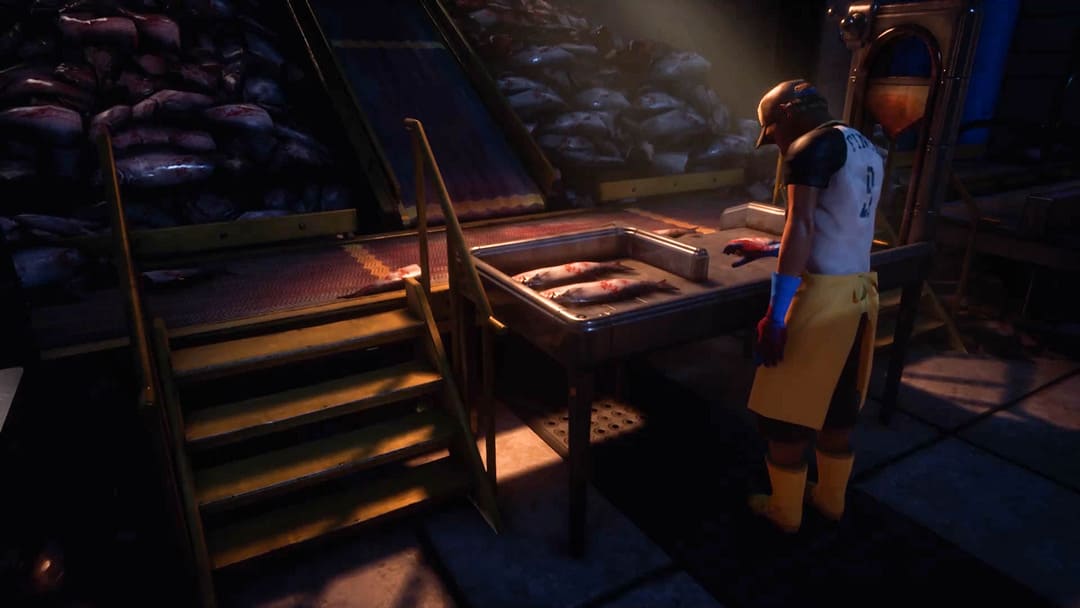 ゲームからのスクリーンショットエディスフィンチの残りは、テーブルの上で死んだ魚の前に立っている男を示すもの