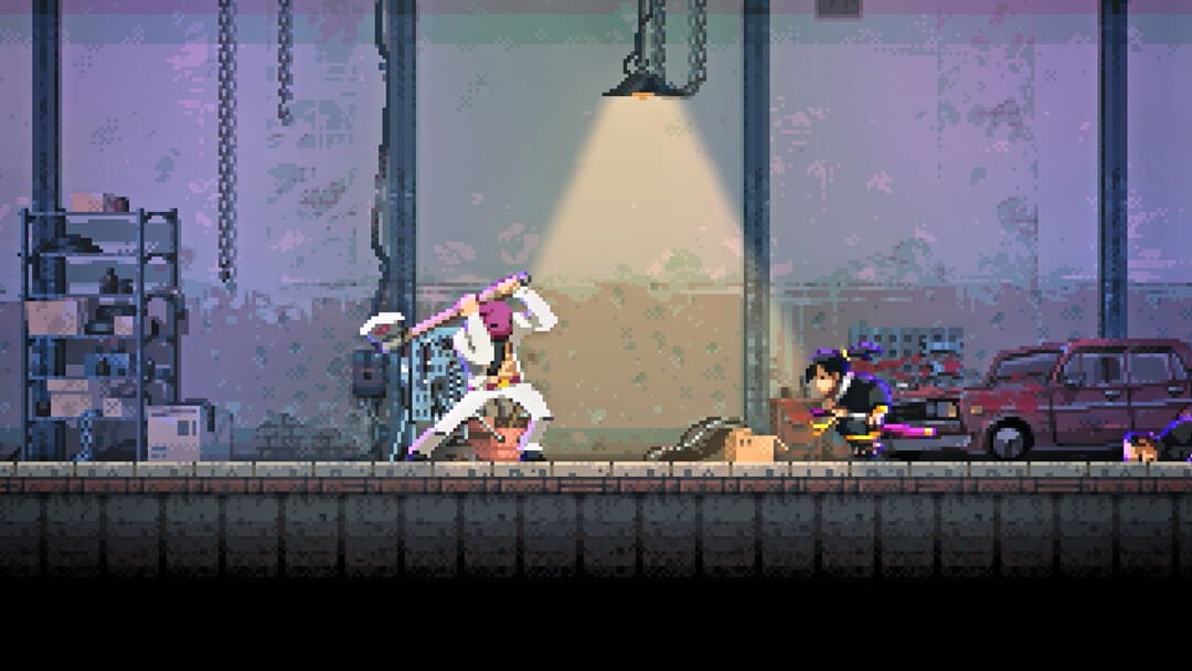 ゲームのスクリーンショットカタナゼロは、白い服を着たxとピンクのバラクラバを備えたピクセルアートスタイルの男を示す
