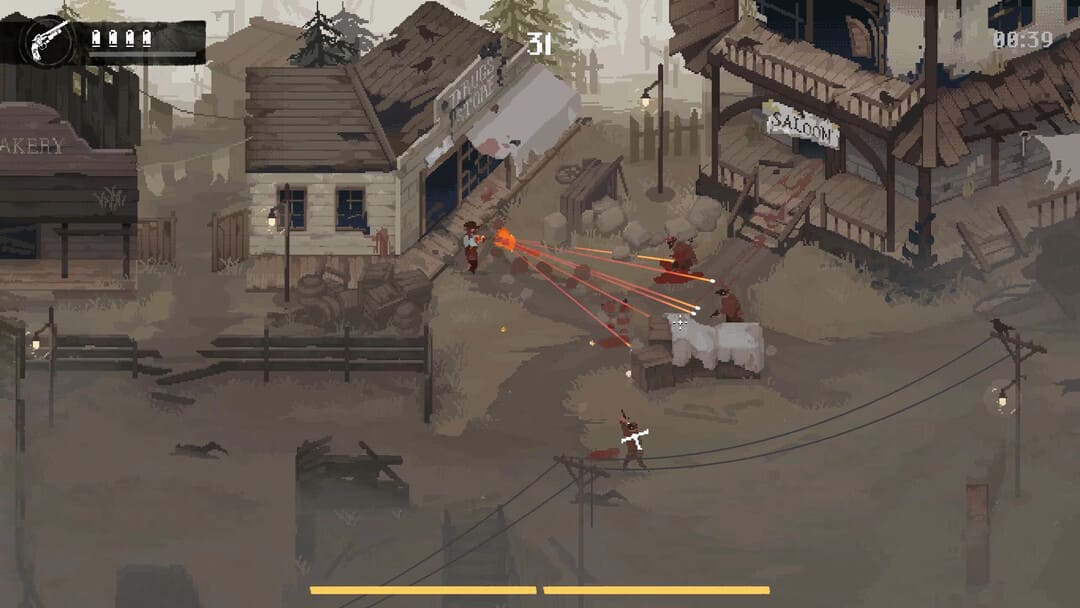 ゲームのスクリーンショットは、ピクセルアートワイルドウェストタウンで銃撃戦を示すカラスを殺します
