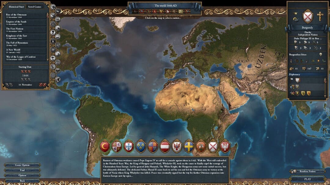 14444年に世界の地図を示すゲームのEuropa Universalis IVのスクリーンショット。