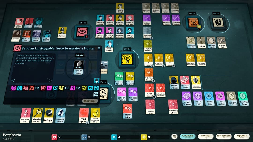 青いテーブルに複数のカードを示すゲームカルト主義者シミュレーターのスクリーンショット