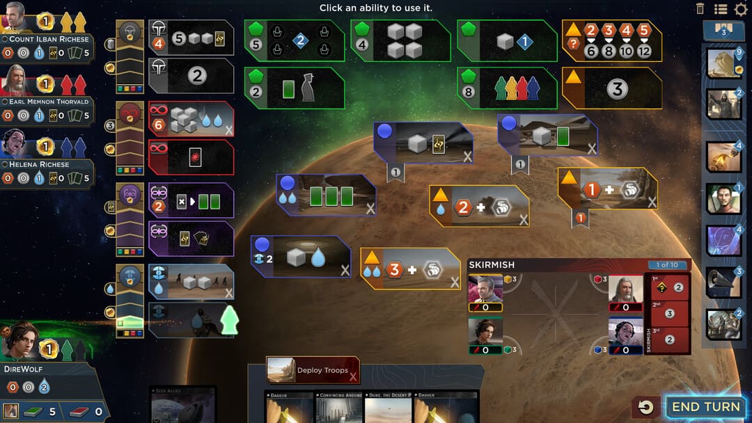 ゲームデューンからのスクリーンショット：ゲームのユーザーインターフェイスを示すImperium、砂漠の惑星のアラキスは背景にあります