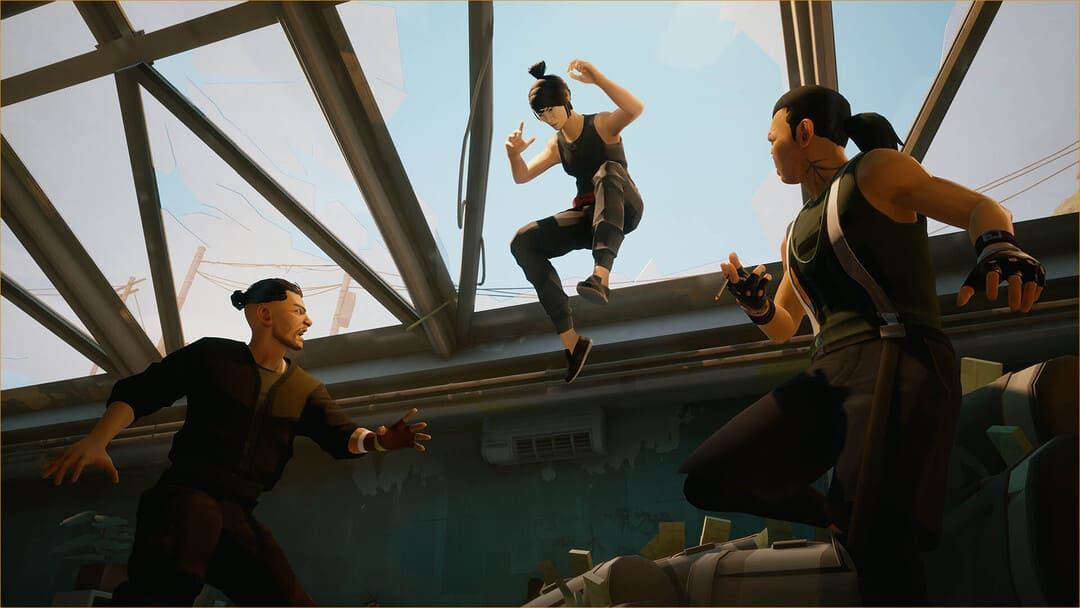 2人の武装していない男性と戦っている女性の女性が女性を見せているゲームSifuのスクリーンショット
