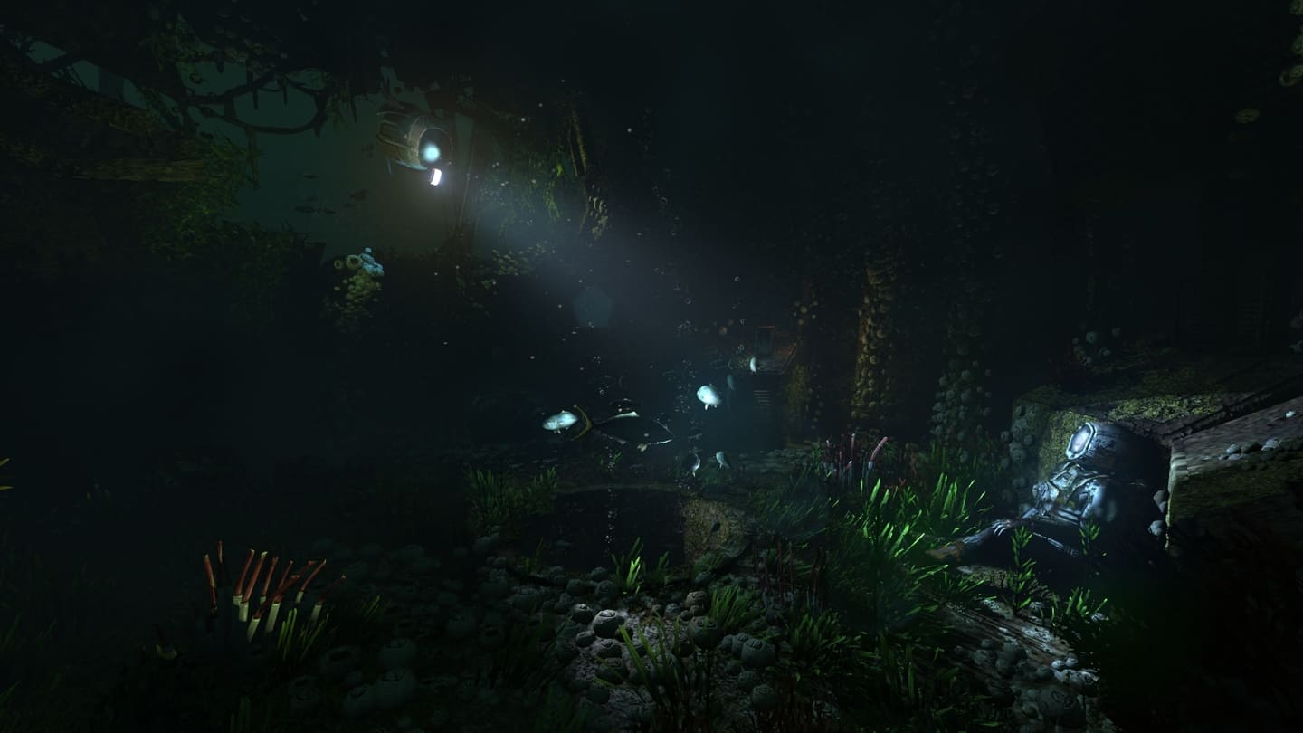 ゲームのスクリーンショットからの水中シーンは、死んだダイバーといくつかの魚を示しています
