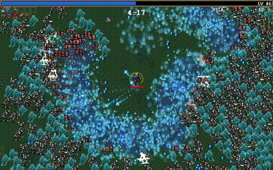 アンデッドの大群とのピクセルアートバトルを示すゲームヴァンパイアサバイバーのスクリーンショット