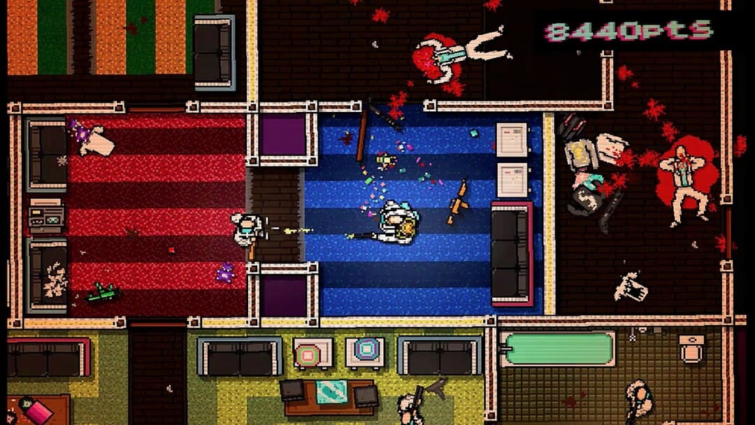 ゲームホットラインのスクリーンショットマイアミは、カーペットの上に血まみれの体とのトップダウンのピクセルアートバトルを示しています
