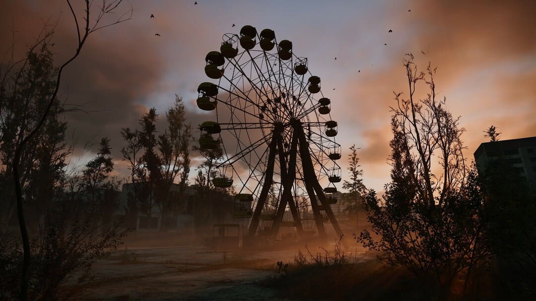 ゲームストーカー2のスクリーンショット2：植物で生い茂った夕暮れ時のフェリスホイールの放棄された遺跡を示すコルノビルのハート 