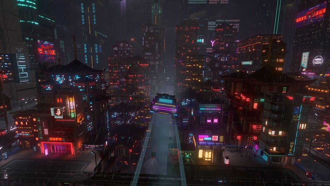 ゲームのクラウドパンクからのスクリーンショットは、暗い雨の中でネオン色の建物に囲まれた空飛ぶ車に囲まれています