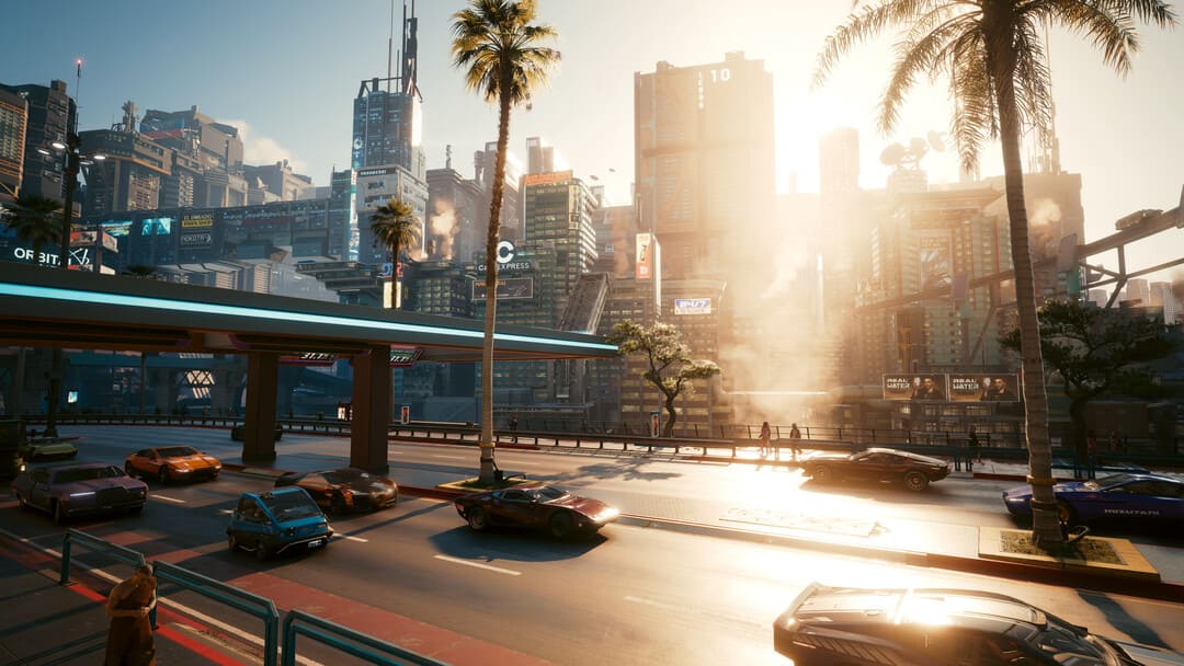 ドーンのハイテクスカイラインの前に、未来の車の高速道路を示すゲームサイバーパンク2077のスクリーンショット