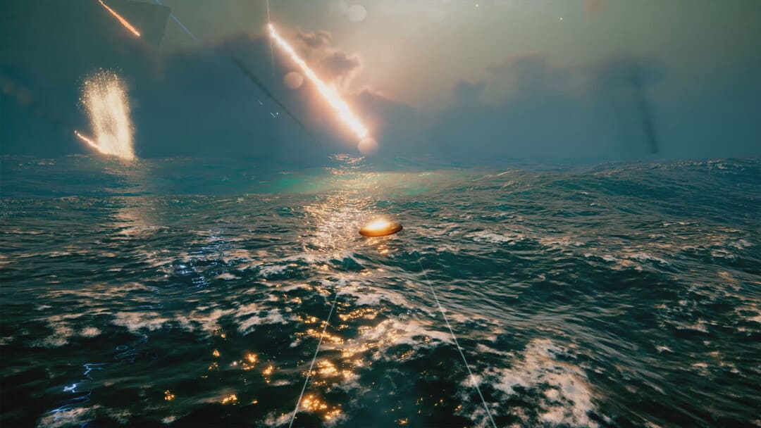 ゲームエクソワンのスクリーンショットは、met石がその周りに落ちている間に海を飛んでいる小さな宇宙船を示しています 