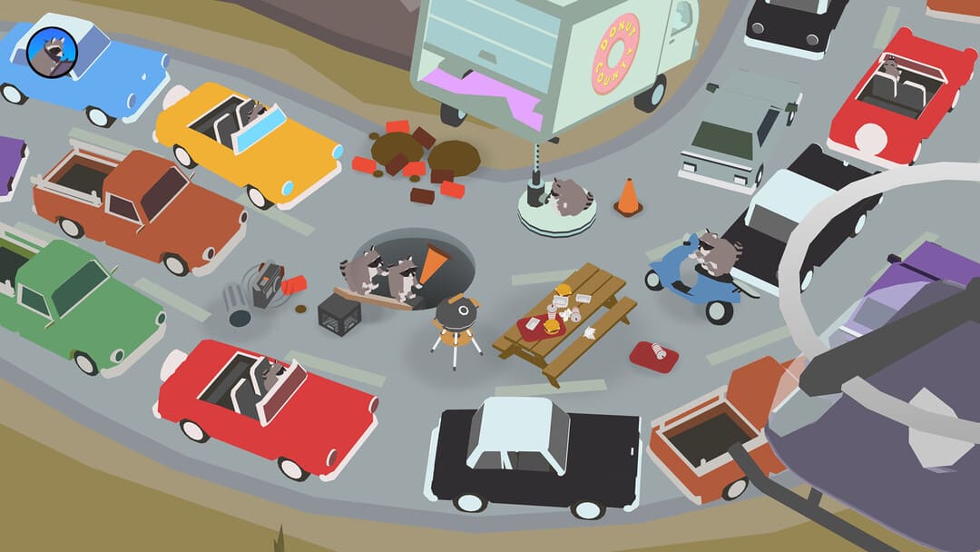 ゲームドーナツ郡のスクリーンショットは、道路の曲がり角の交通と真ん中の円形の穴を見せています。