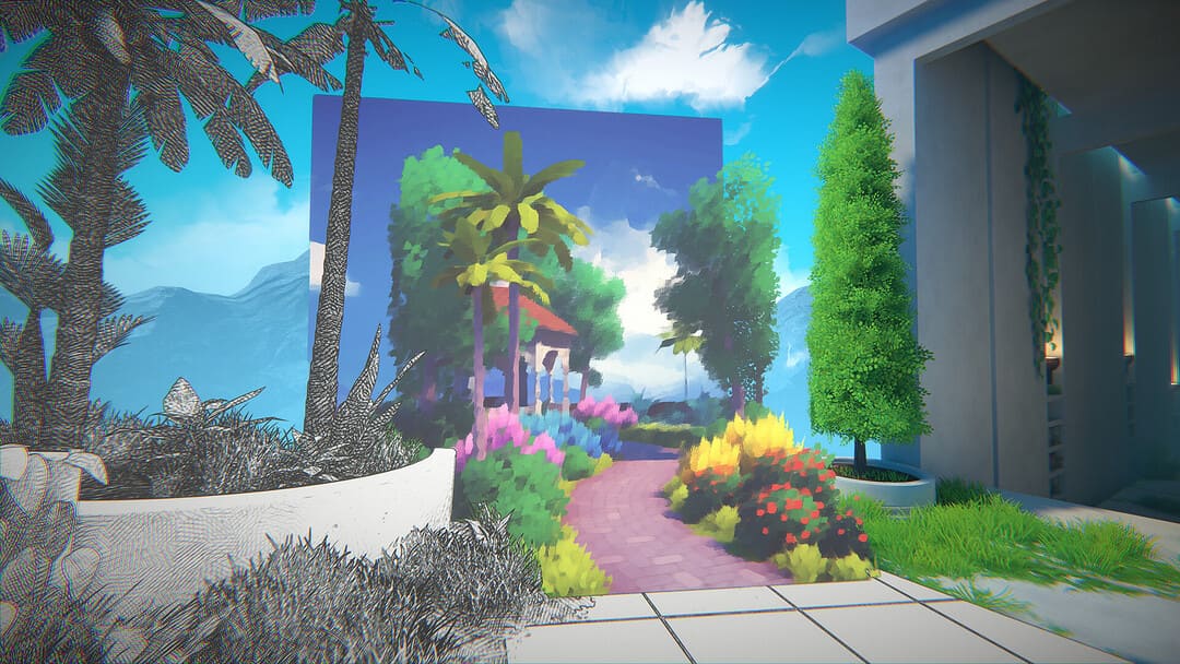 ゲームビューファインダーのスクリーンショットは、各エリアにいくつかの異なる種類のアートスタイルの庭シーンを示す
