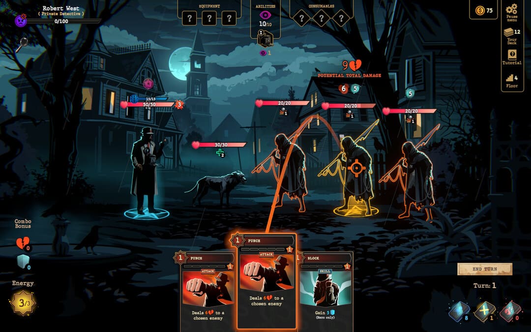 3人の敵とのゲームのターンベースのUIを示すディープからのゲームの脅威からのスクリーンショット