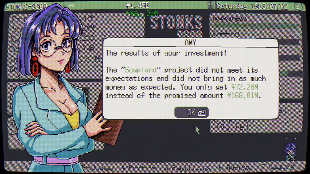 Game Stonks-9800のスクリーンショット：株式市場シミュレーターがあなたの投資の結果を伝えるアシスタントのエイミーを示しています。