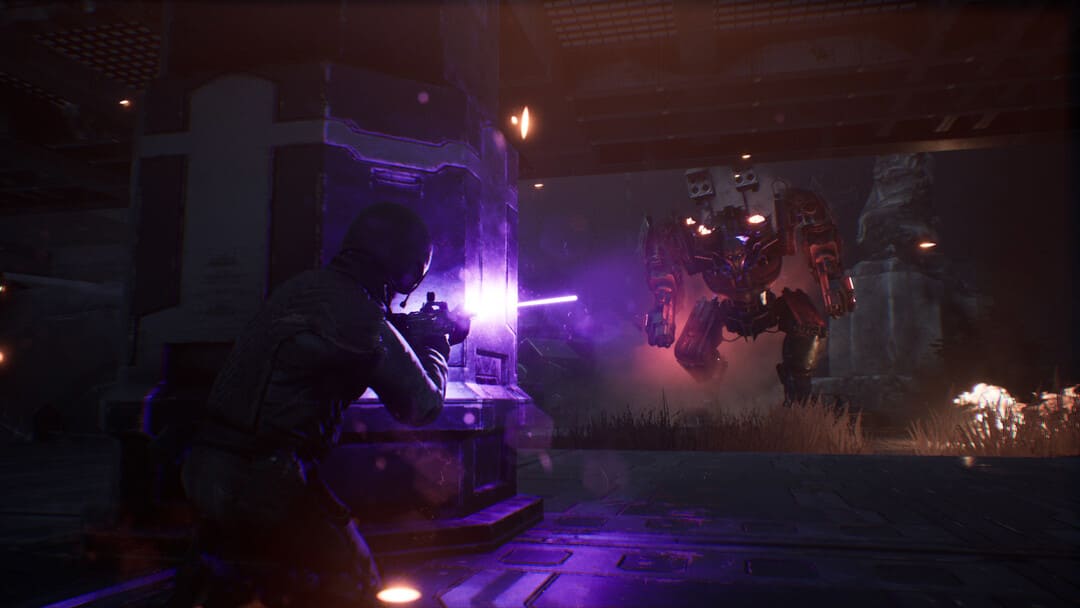 ゲームターミネーターからのスクリーンショット：彼に向かって走っているメカを発射する紫色のブラスターを発射するキャラクターを示す抵抗