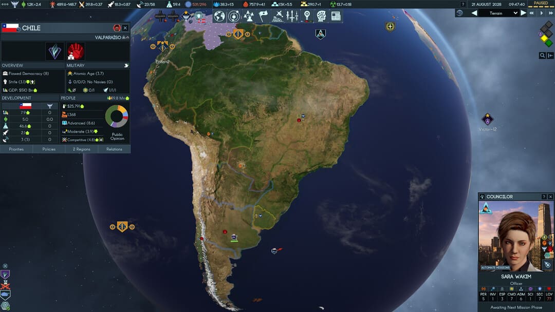 南アメリカとチリとのユーザーインターフェイス要素を示すゲームテラインビクタのスクリーンショット
