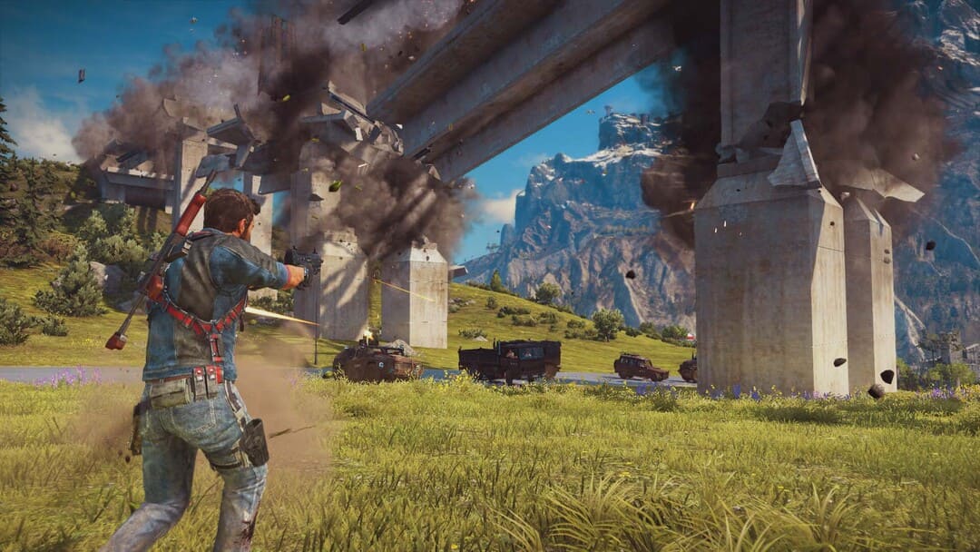 ゲームのスクリーンショットは、橋のサポートを爆発させ、戦闘機が見えるように橋を落ちることを示すジャストコクス3を示しています