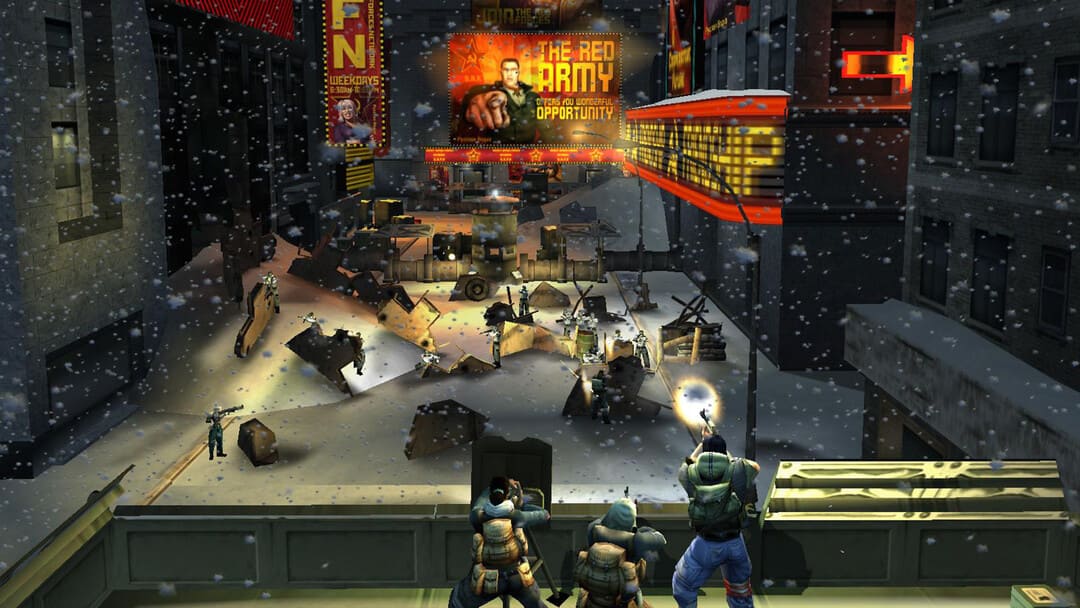 ゲームフリーダムファイターズのスクリーンショットは、複数の建物とカバーの間の戦いを示しています