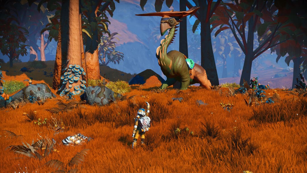 ゲームのスクリーンショットは、エイリアン、恐竜のような生き物と近くの2人の宇宙飛行士を示すクリエイティブモードでの男の空の空のスクリーンショット
