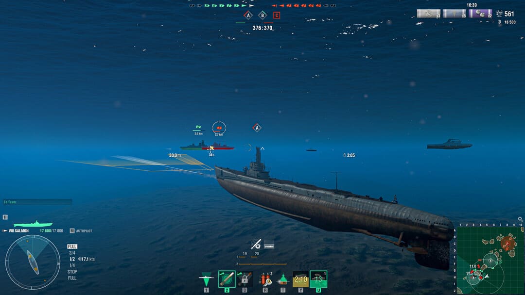 バックグラウンドに多くの船を持つ潜水艦を示す船場のゲームの世界からのスクリーンショット