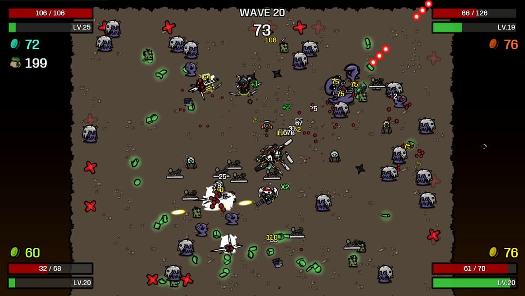 ジャガイモと敵の大群の間のトップダウンの漫画の戦いを示すゲームブロタートのスクリーンショット