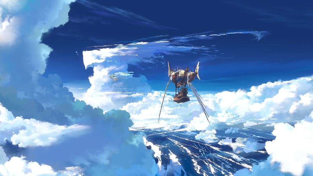 ゲームGranblueファンタジーのスクリーンショット：厚い雲の中で空の島に向かって移動する空飛ぶ船を示すリンク