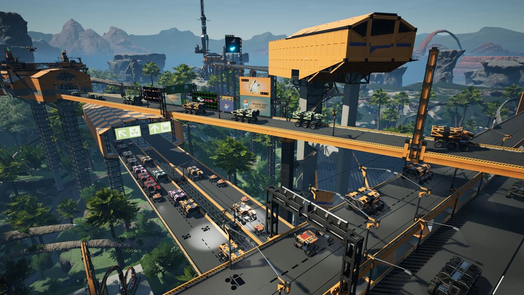 ゲームからのスクリーンショット満足のいくものの、吊り下げられた道路に多くの植物車両を備えた未来的な工場を示す