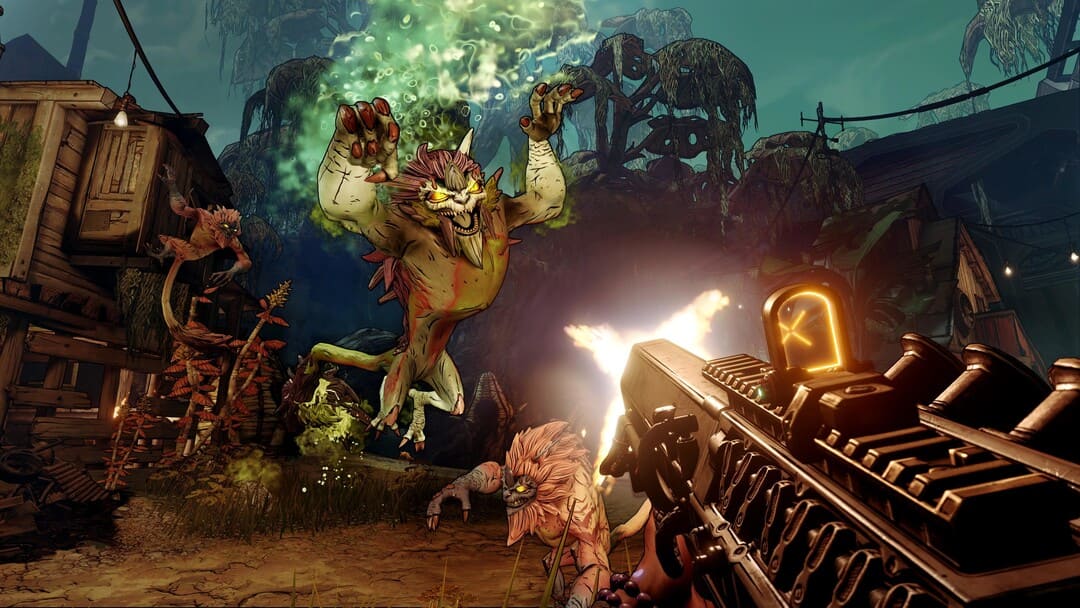 プレイヤーに向かってジャンプするライオンのようなクリーチャーを示すゲームBorderlands 3のスクリーンショット
