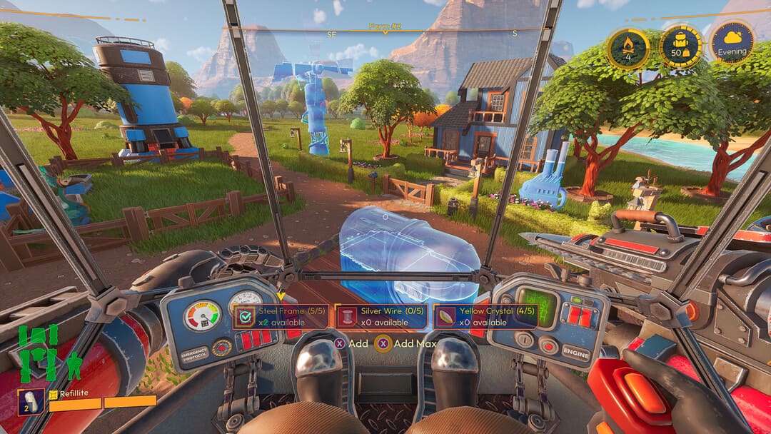ゲームのスクリーンショットライトイアーフロンティアは、エイリアンの農場の世話をするメカを運転している男を示しています