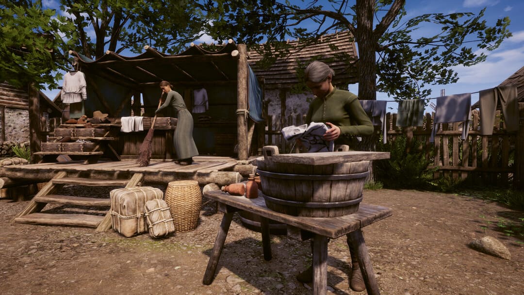 ゲームの中世王朝からのスクリーンショット洗濯と取引の屋台に取り組んでいる農民を示す
