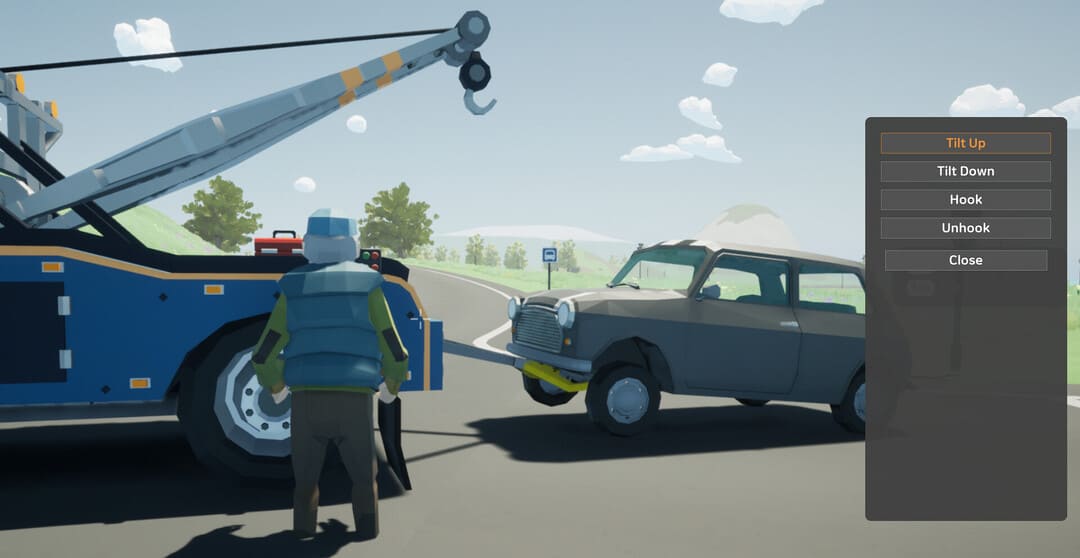 ゲームモータータウンからのスクリーンショット：右側にGUIが付いた灰色の車を拾うボクセルアートのレッカートラックを示す車輪の後ろ