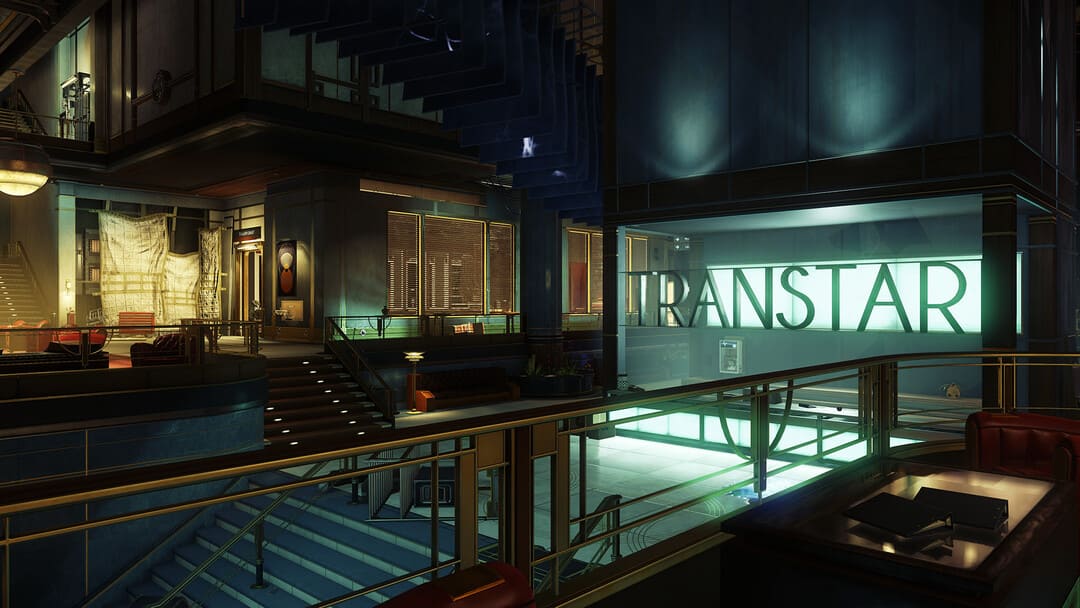 60年代にインスパイアされた宇宙ステーションの装飾の階段の上部にあるTranstarという言葉を示すゲーム獲物のスクリーンショット