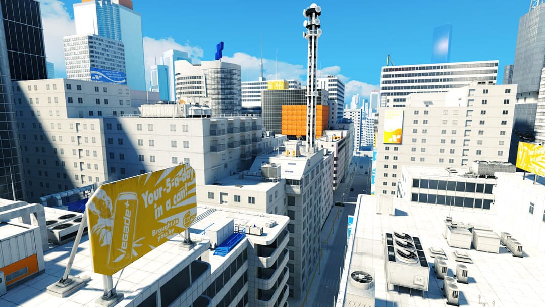 多くの建物がある明るい街を示すゲームミラーの端からのスクリーンショット