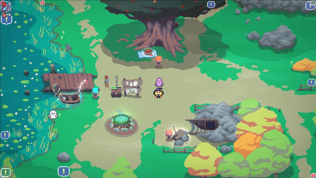 桟橋、木、鉱山を備えたピクセルアートレイクを示すゲームコールドロンのスクリーンショット