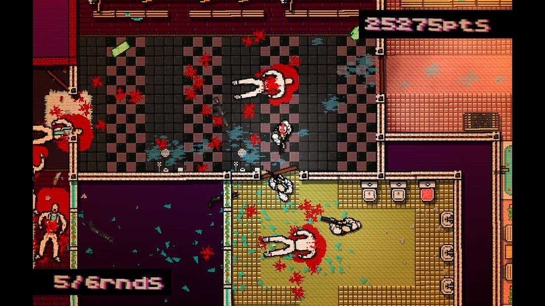 ゲームホットラインマイアミのスクリーンショットピクセルアートブラッディバトルの余波を示す