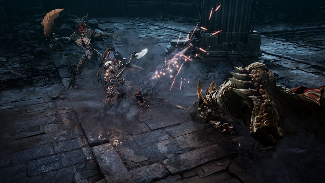 ゲームのスクリーンショットThe First Berserker：Khazanはモンスターとバーサーカーの間のダンジョンの戦いを示しています