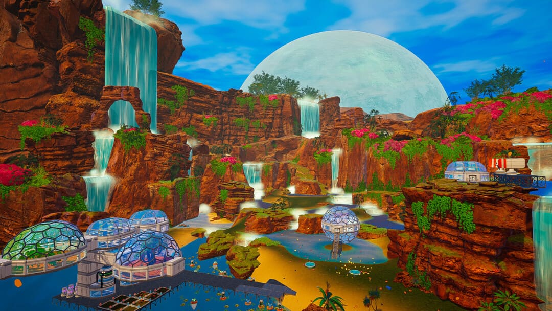 ゲームのスクリーンショットは、赤い崖、滝、バイオドーム、空の大きな月を備えたテラ形成惑星を示す惑星のクラフター